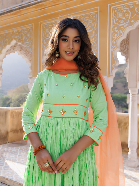 Paradise Green Cotton Gathered Kurta Set