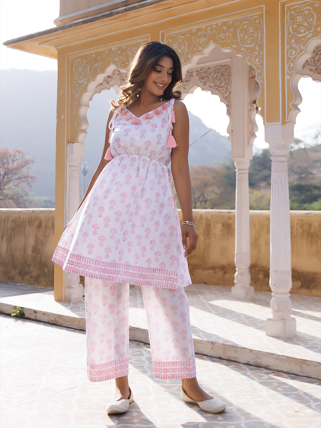 Pink White Kurta Set