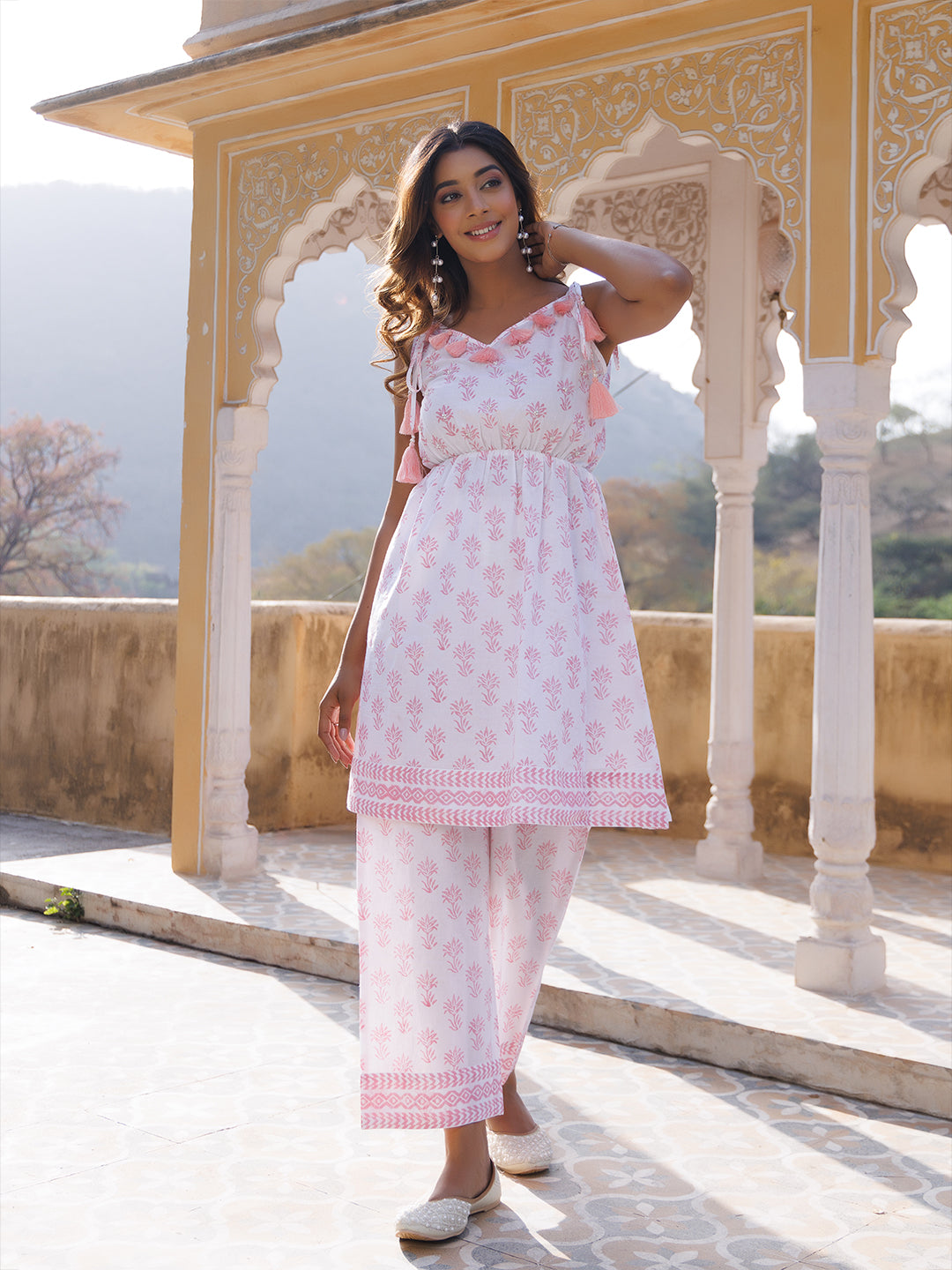 Pink White Kurta Set