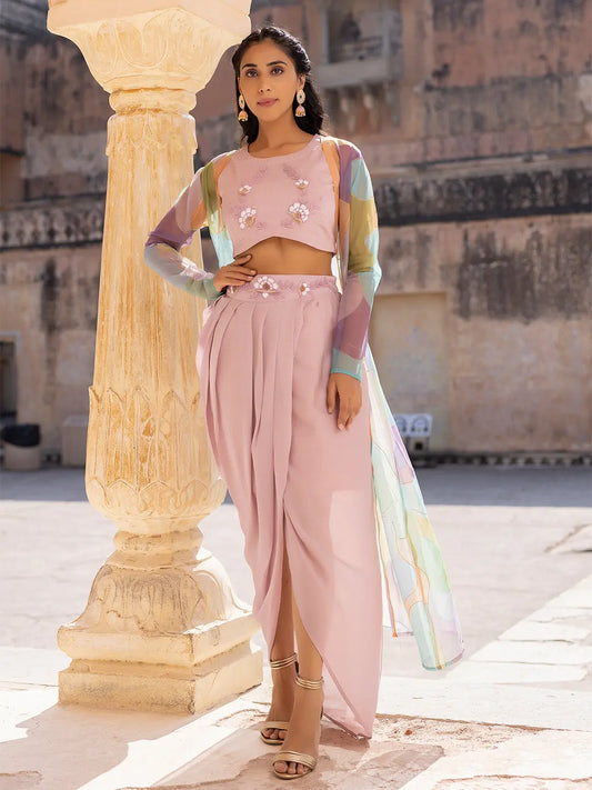 Primrose Pink Top Tulip Skirt with Shrug Ragavi