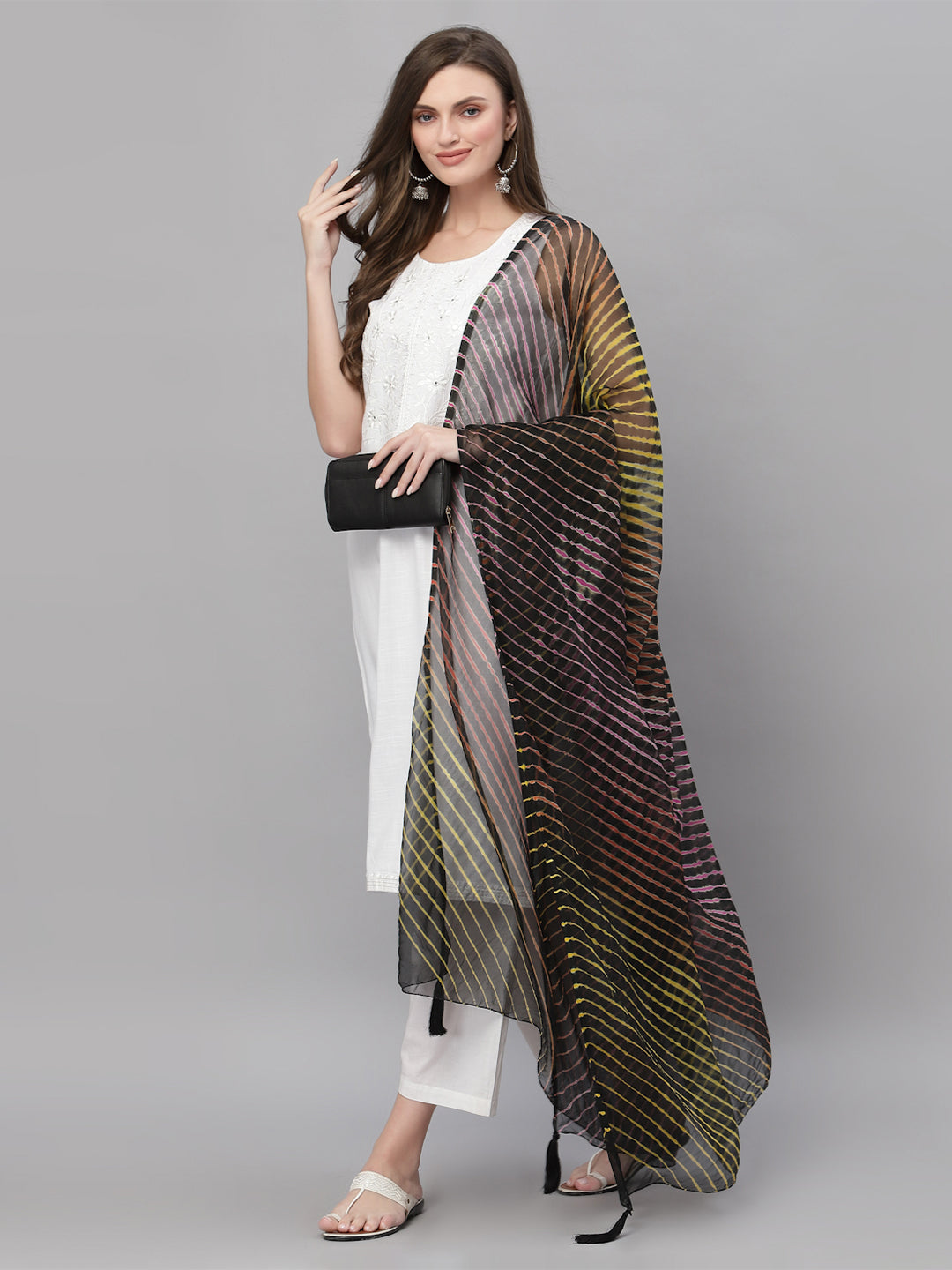 Ragavi Black Multicolour Leheriya Dupatta