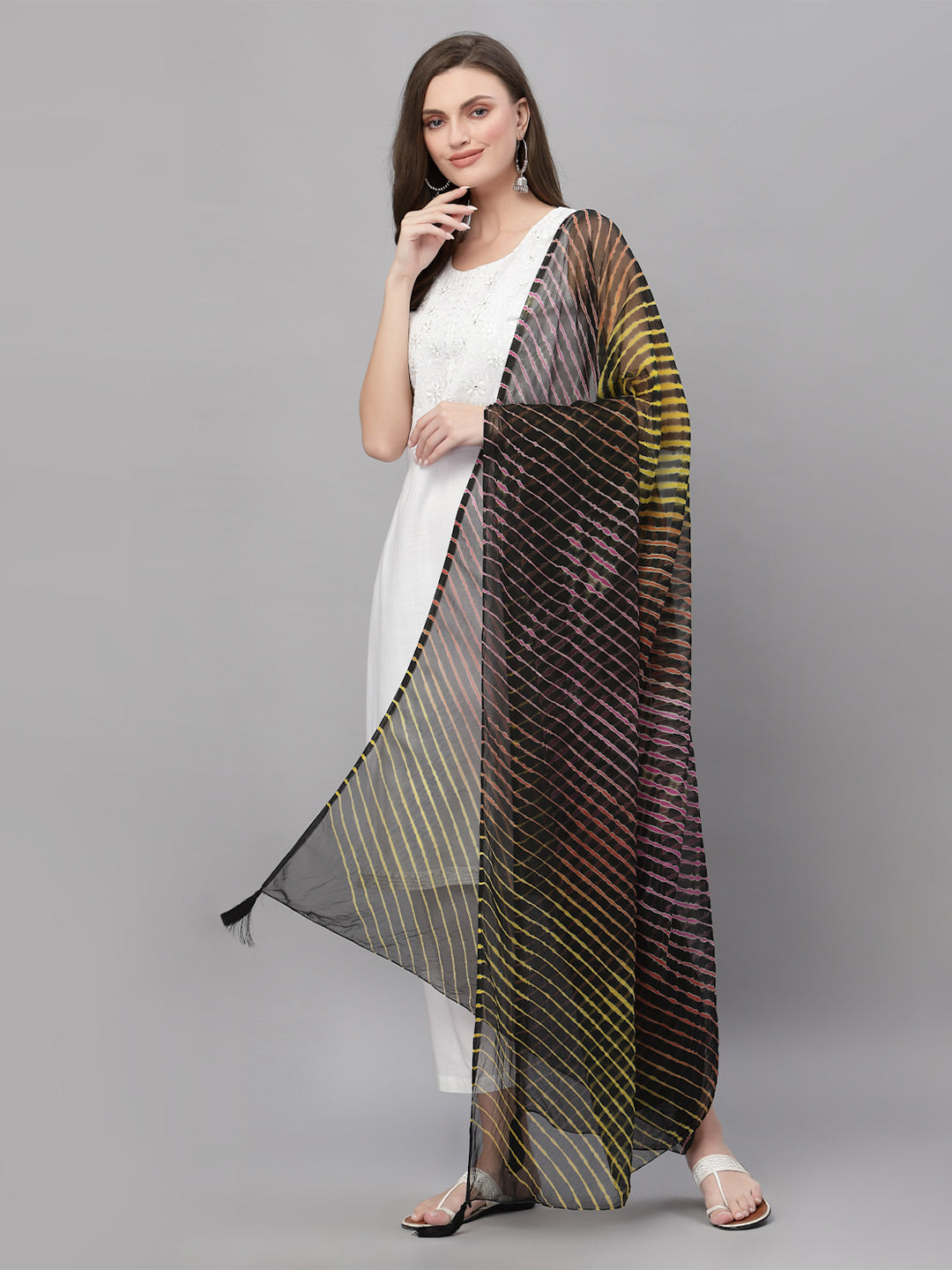 Ragavi Black Multicolour Leheriya Dupatta