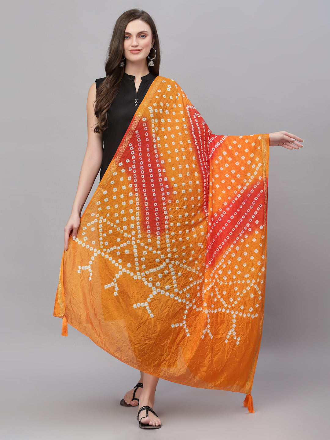 Ragavi Orange Red Bandhej Leheriya Dupatta