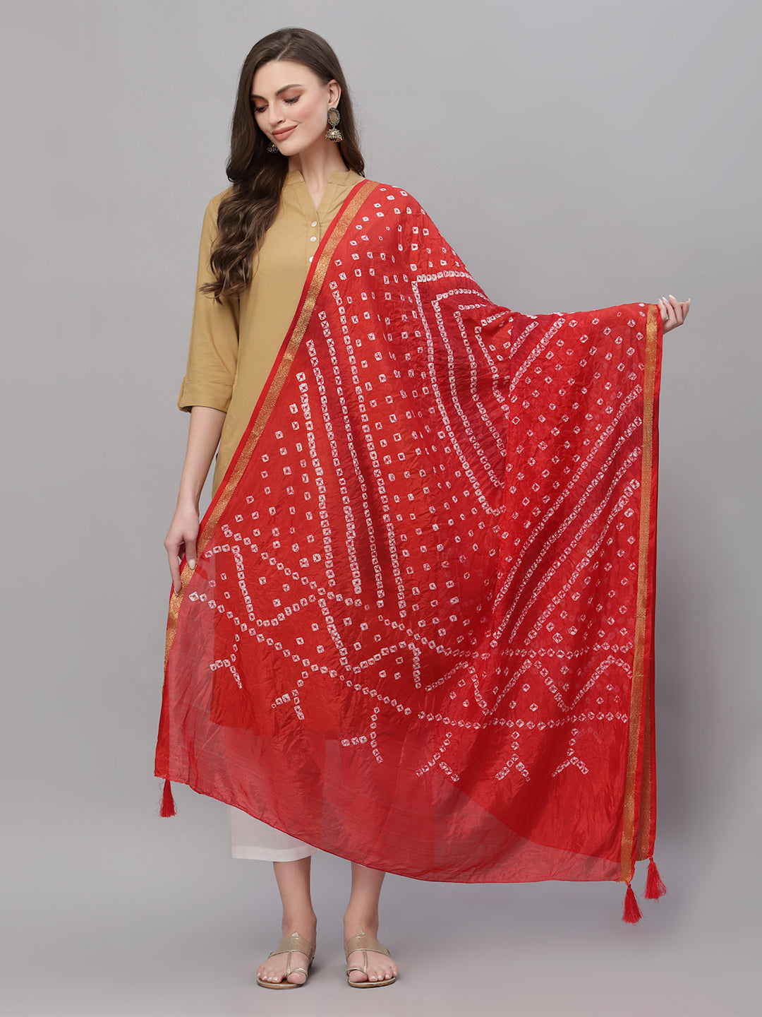 Ragavi Red Zari Bandhej Dupatta
