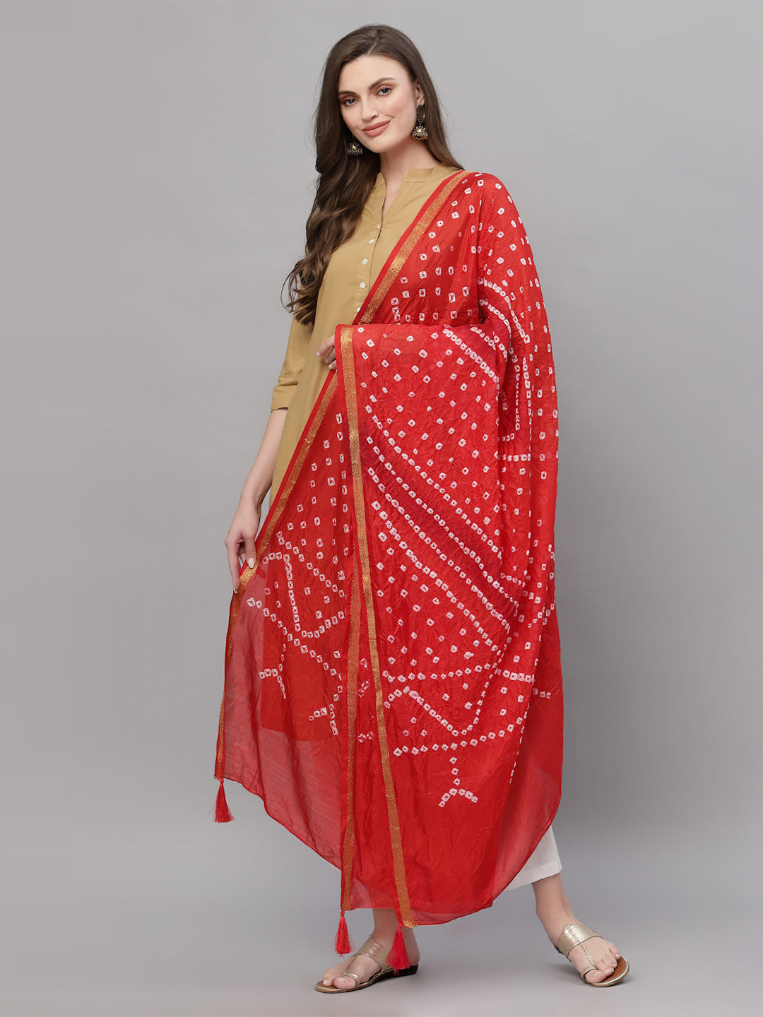 Ragavi Red Zari Bandhej Dupatta