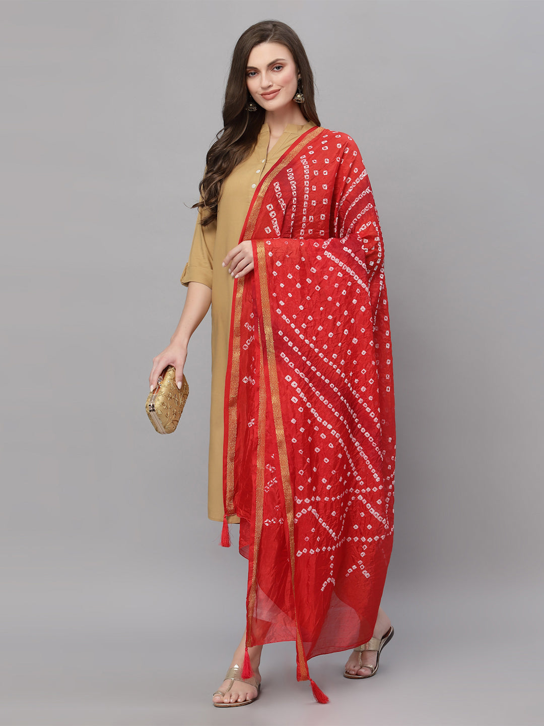 Ragavi Red Zari Bandhej Dupatta