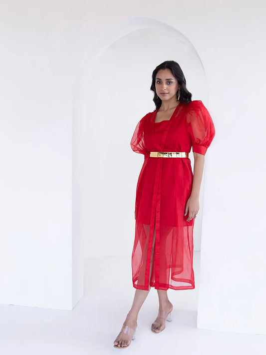 Ribbon Red Organza Dress Ragavi