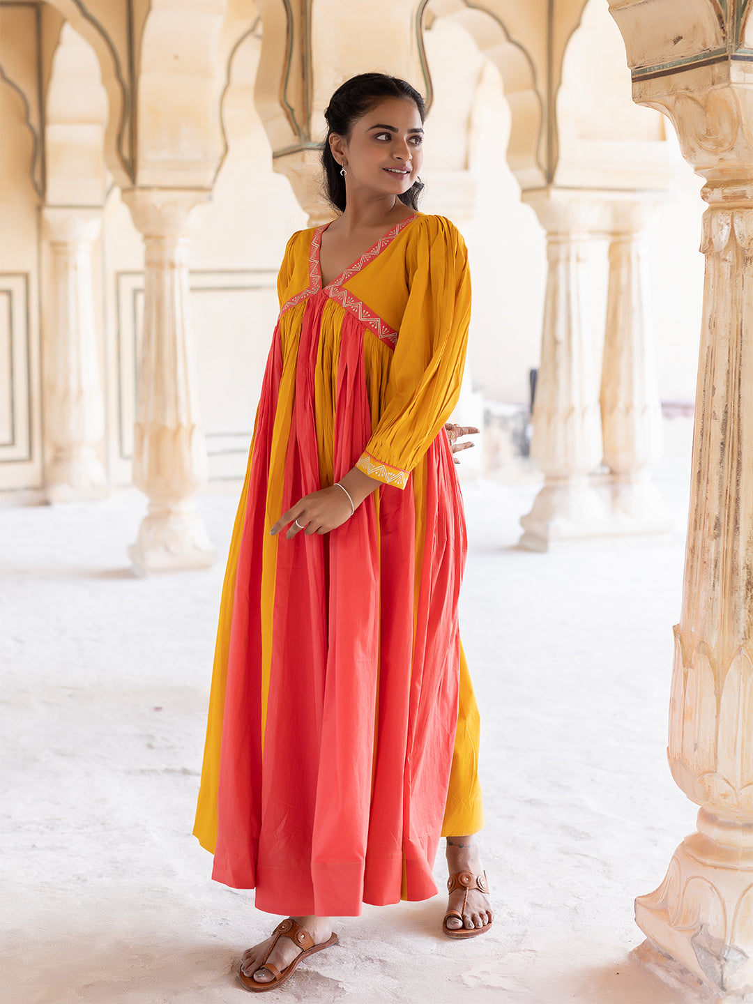 Saffron Peach & Mustard Cotton Dress