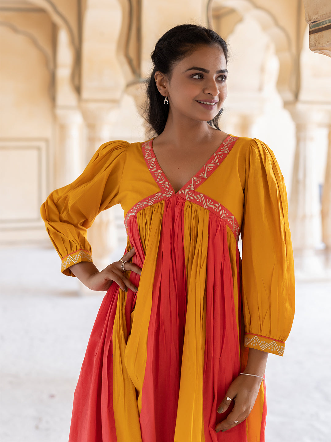 Saffron Peach & Mustard Cotton Dress