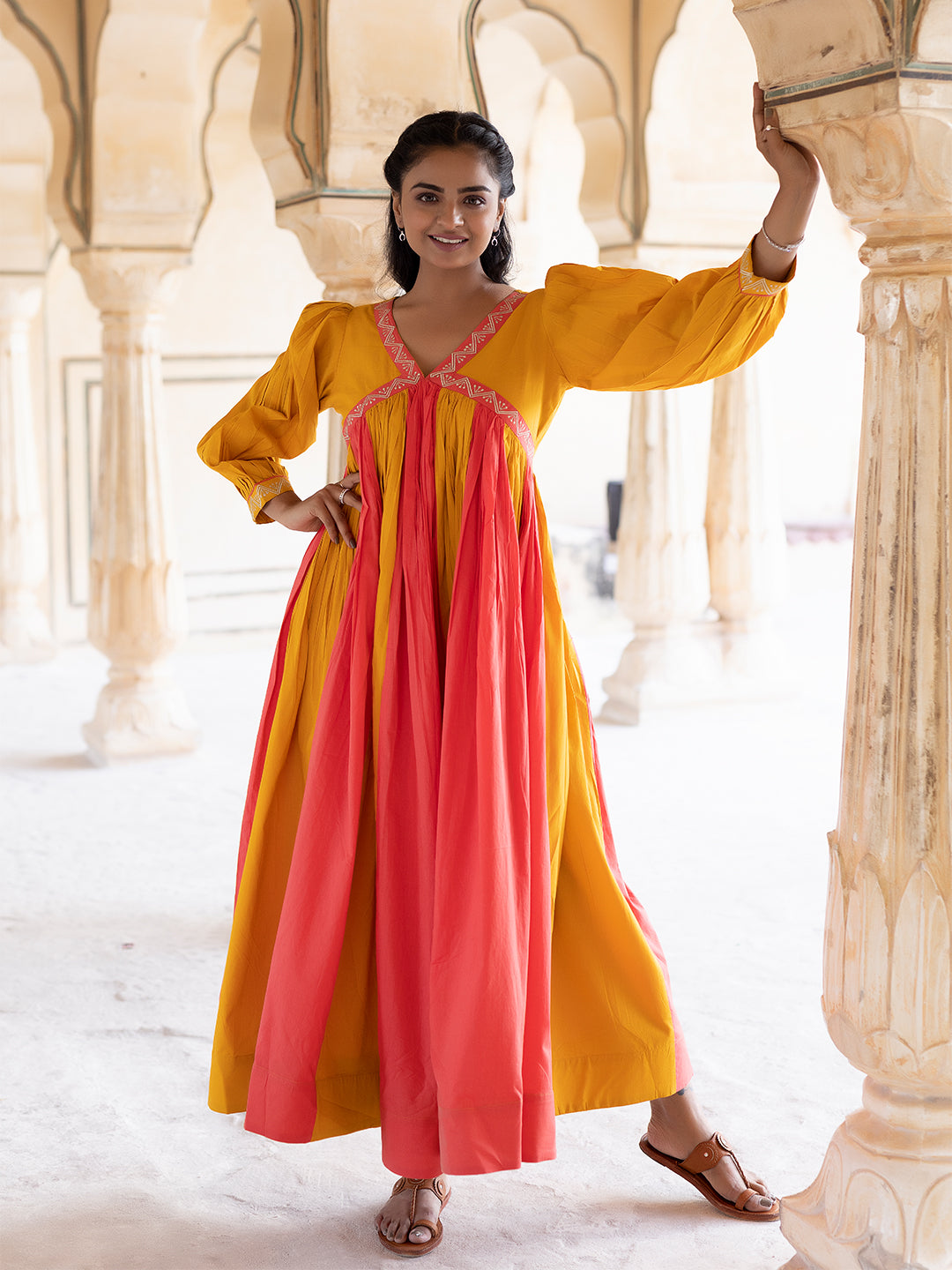 Saffron Peach & Mustard Cotton Dress