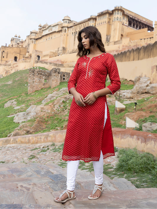 Front view of Sunshine Red Leheriya Kurti - Ragavi Jaipur