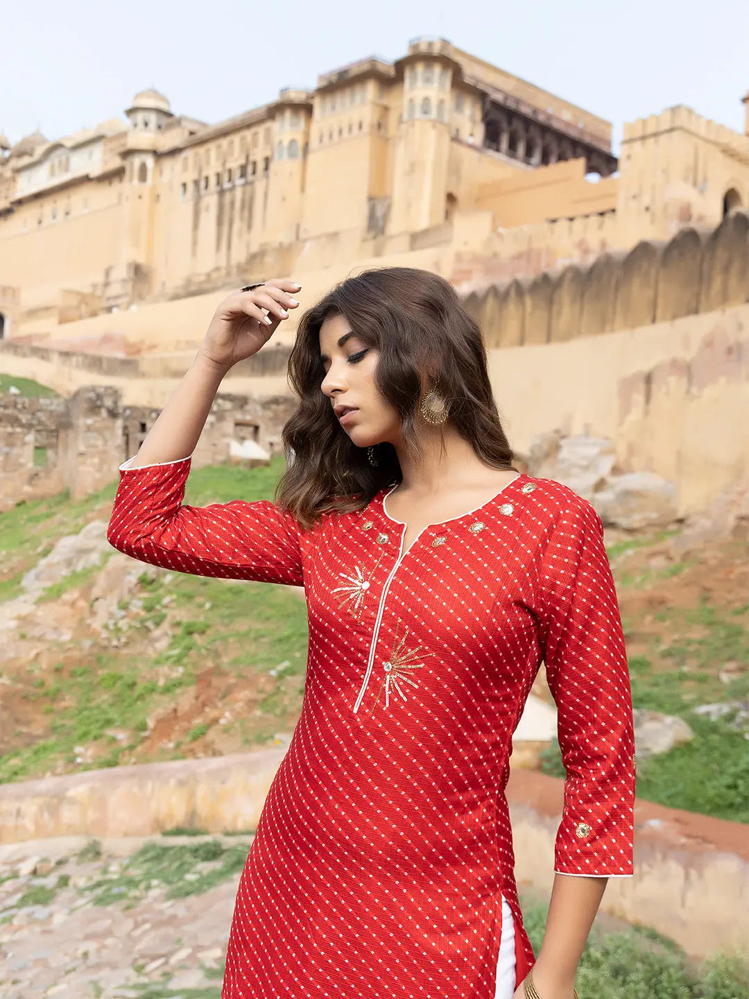 Close-up of Sunshine Red Leheriya print on cotton kurti