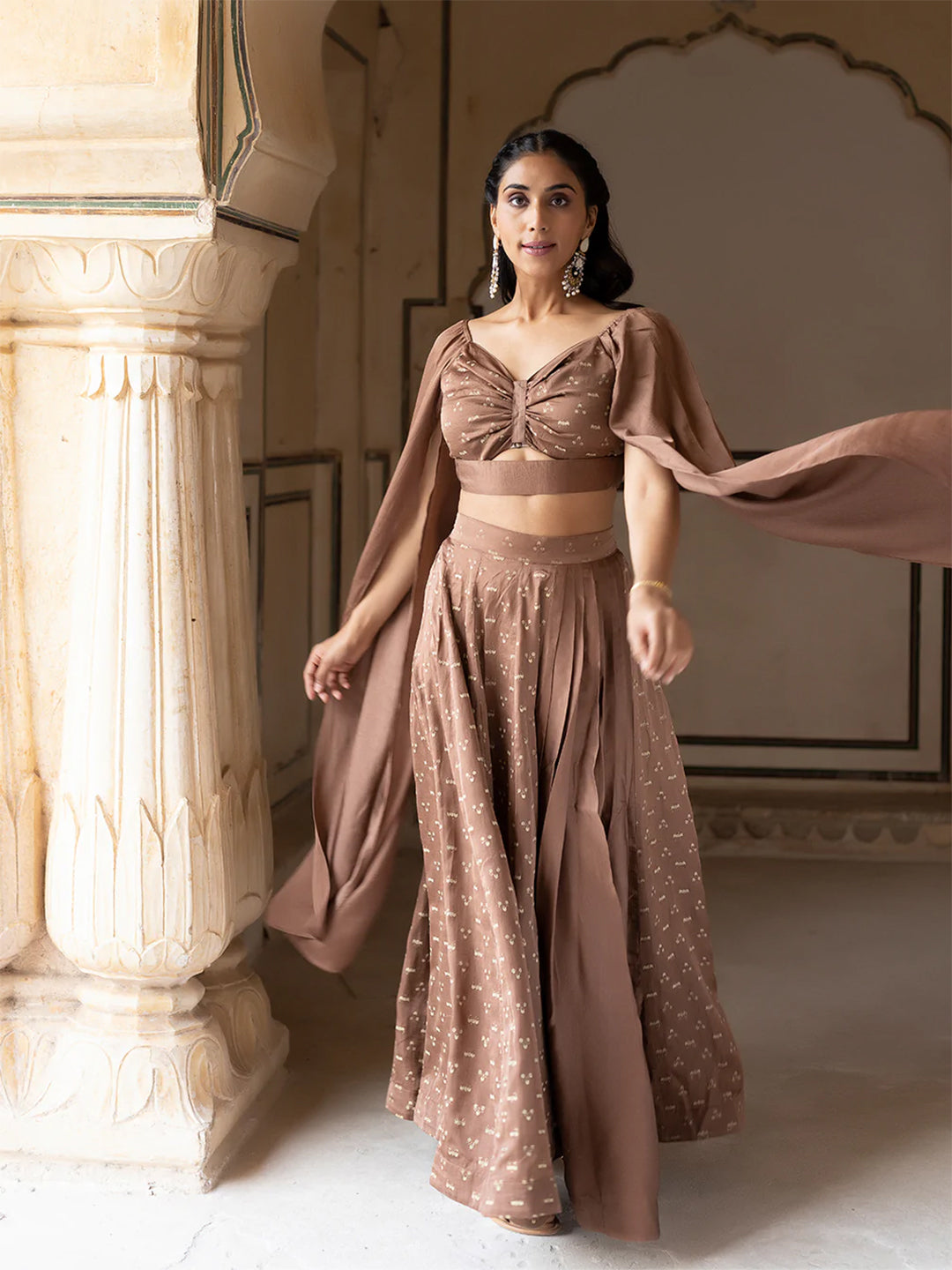 Tawny Brown Mini Silk Top with Skirt
