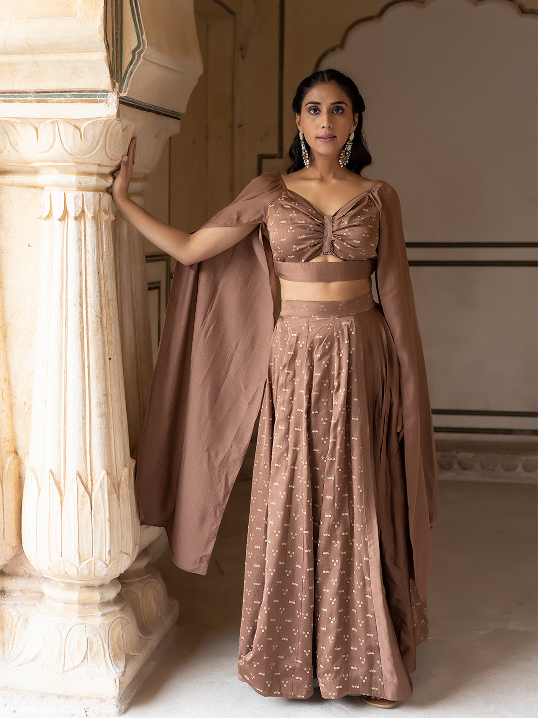 Tawny Brown Mini Silk Top with Skirt