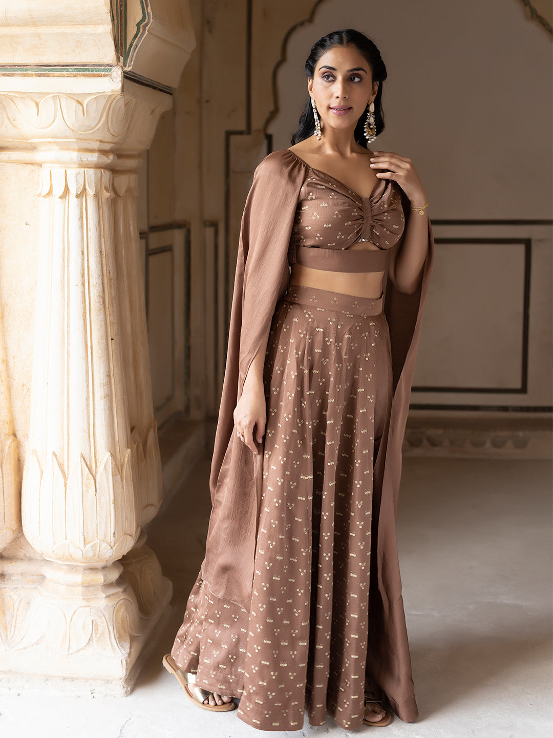 Tawny Brown Mini Silk Top with Skirt