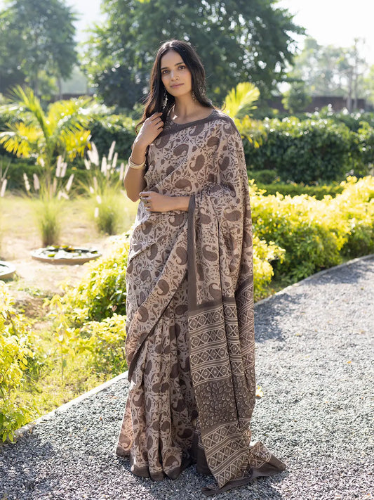 Taupe Ajrakh Cotton Saree Ragavi