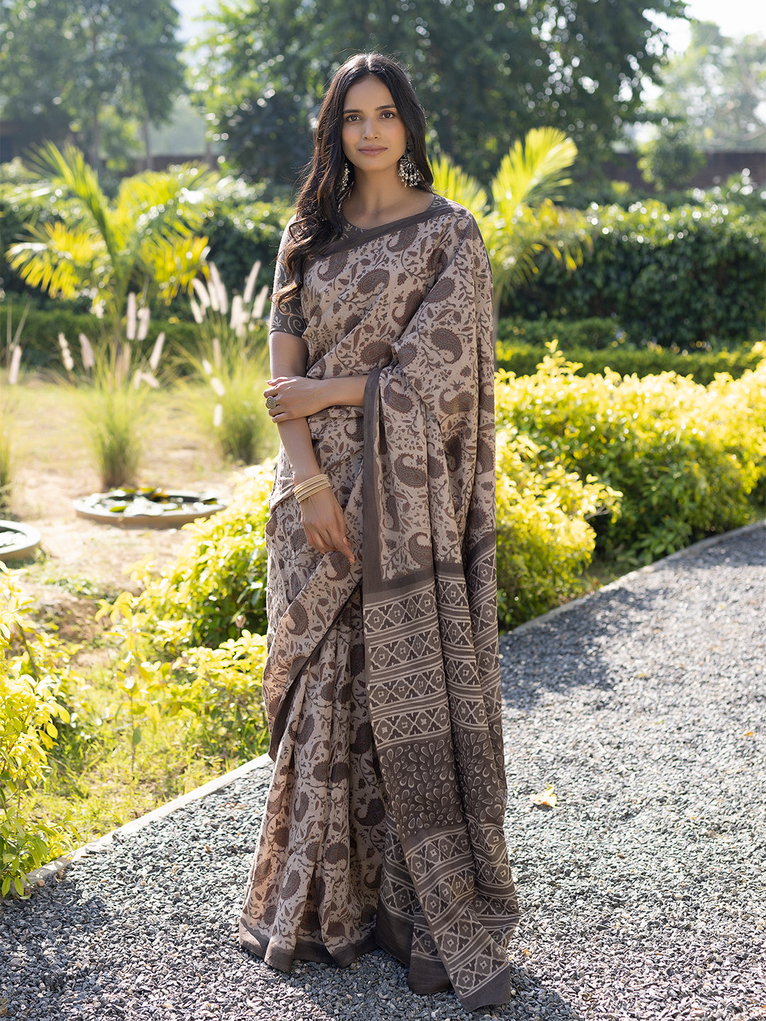 Taupe Ajrakh Cotton Saree