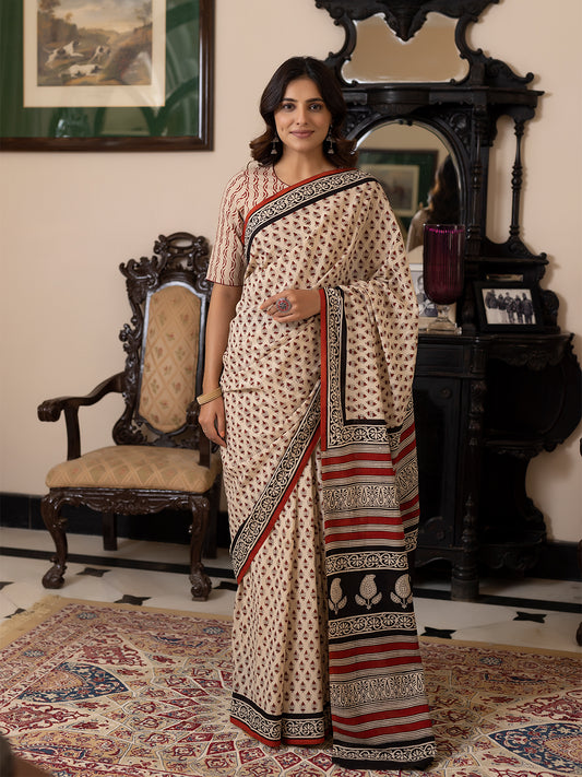 Pebble Hand-Block Cotton Saree