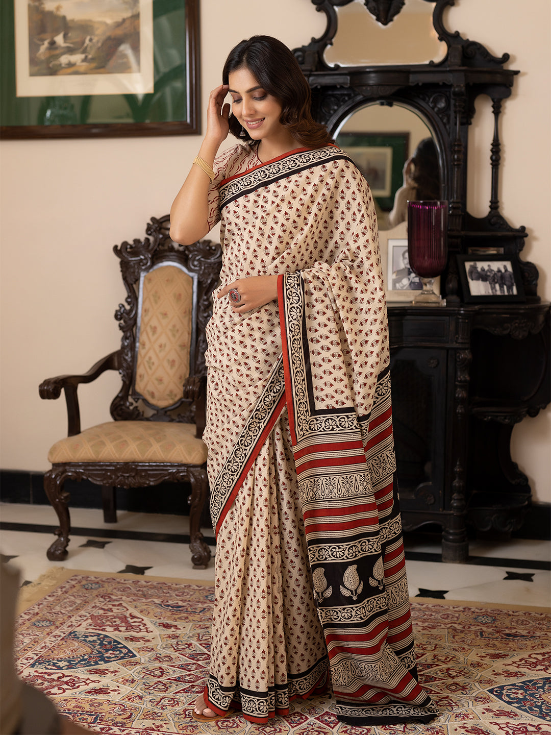 Pebble Hand-Block Cotton Saree