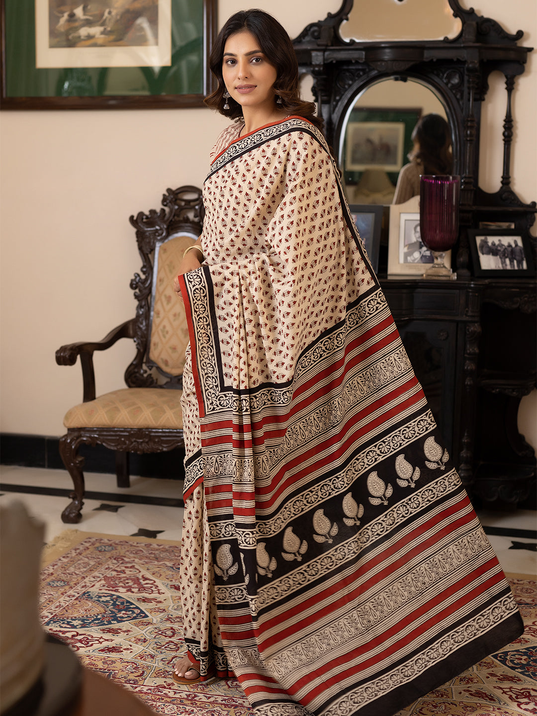 Pebble Hand-Block Cotton Saree