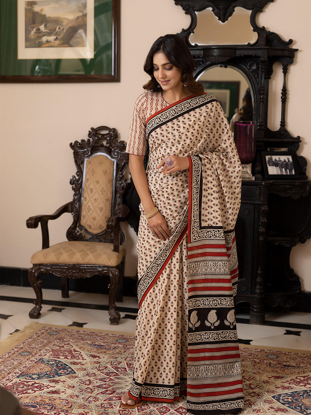 Pebble Hand-Block Cotton Saree