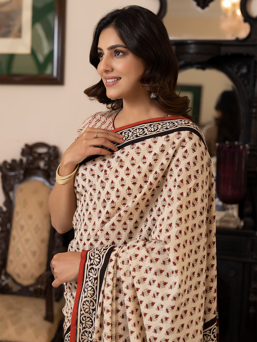 Pebble Hand-Block Cotton Saree