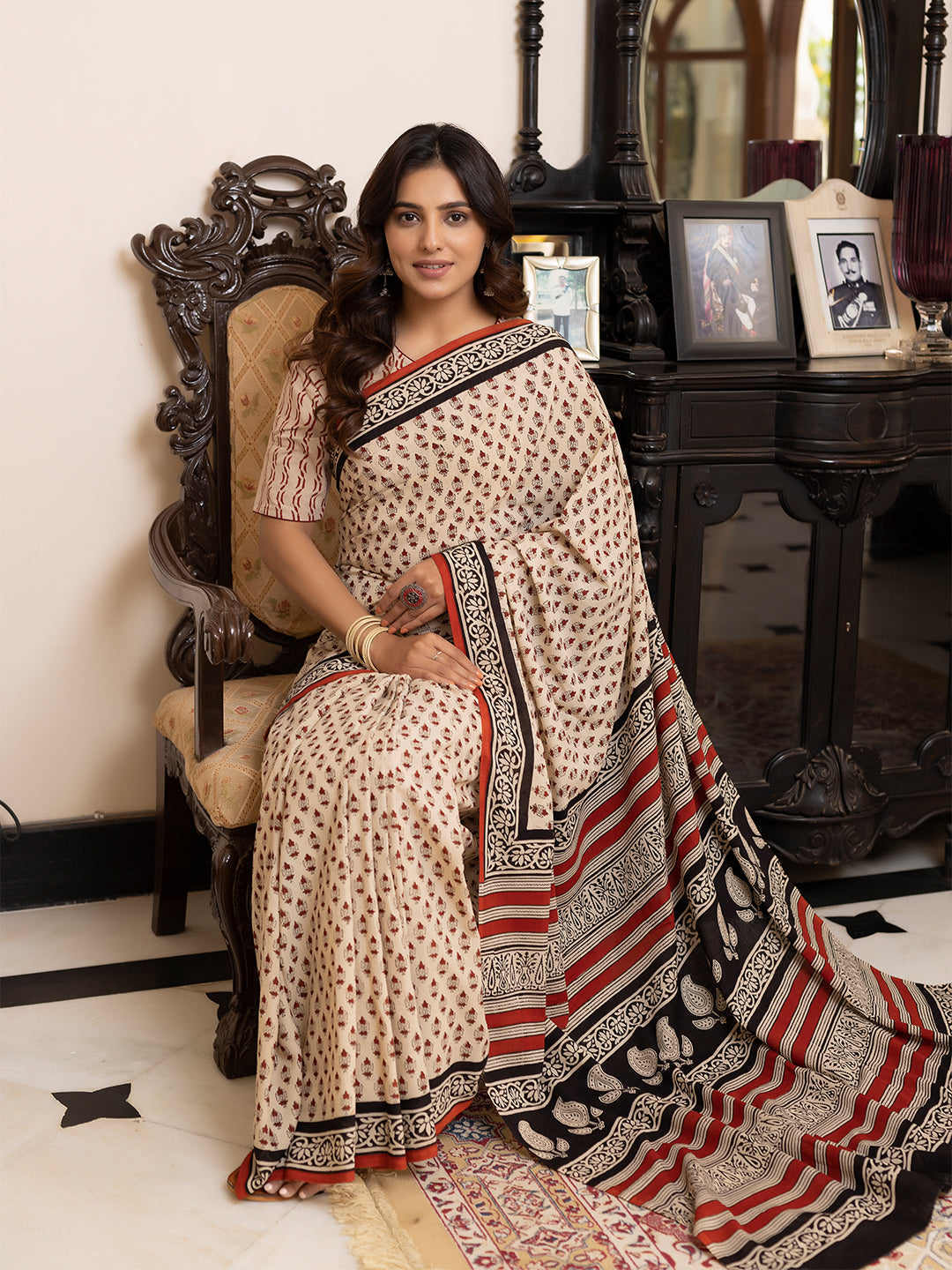 Pebble Hand-Block Cotton Saree