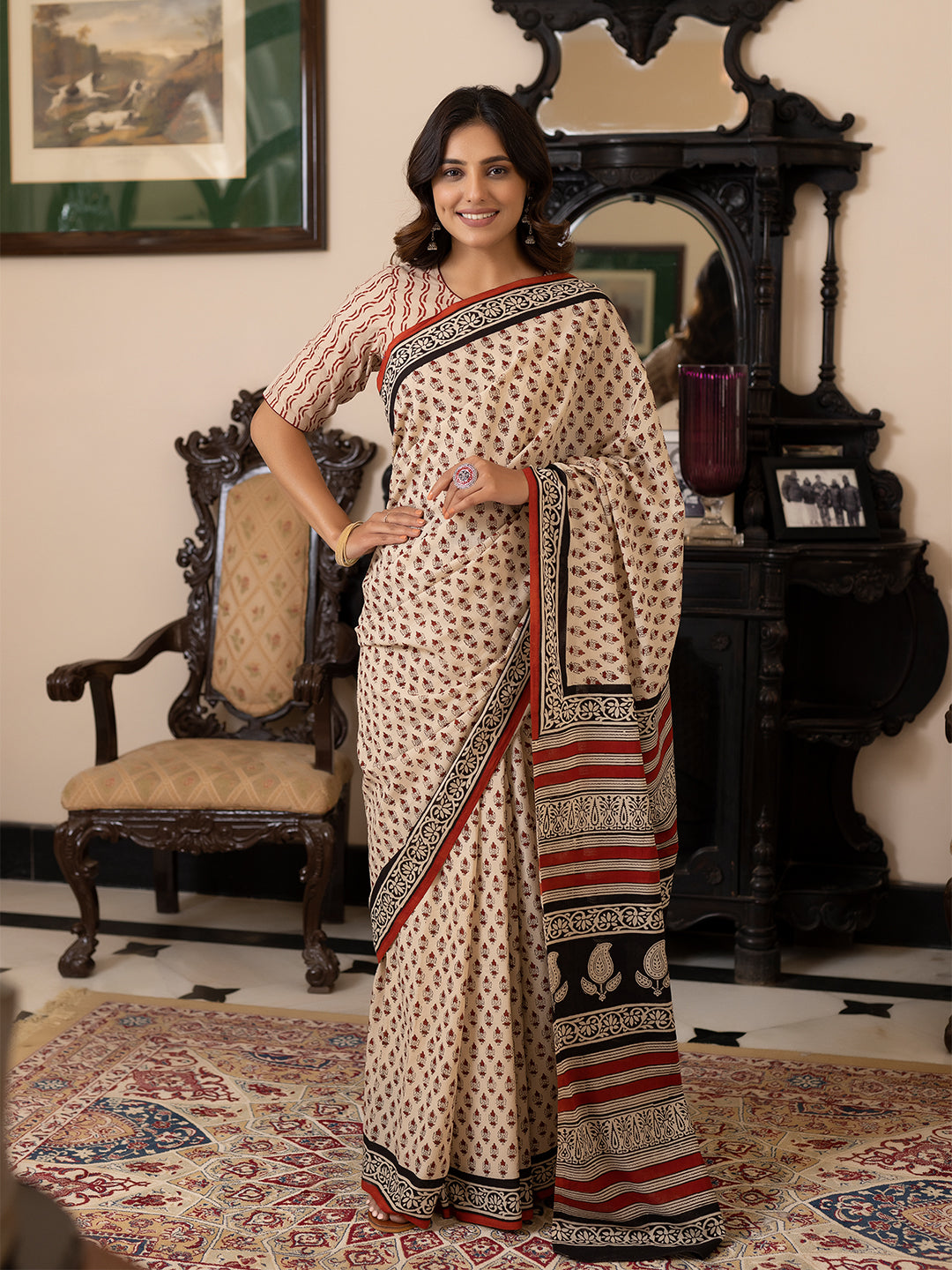 Pebble Hand-Block Cotton Saree