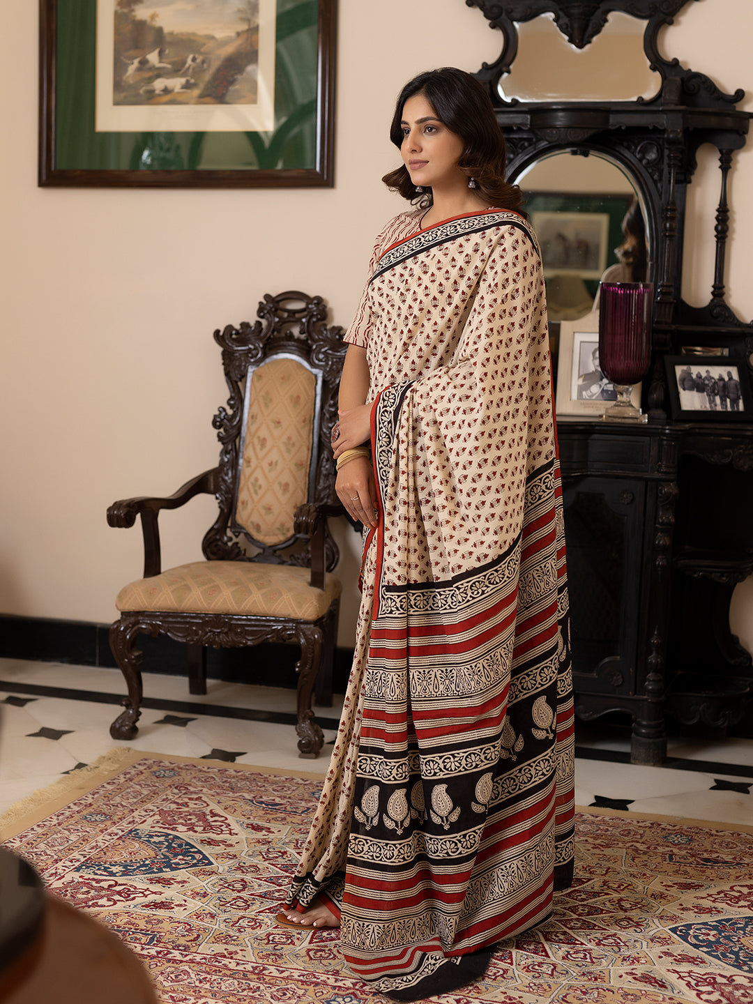 Pebble Hand-Block Cotton Saree