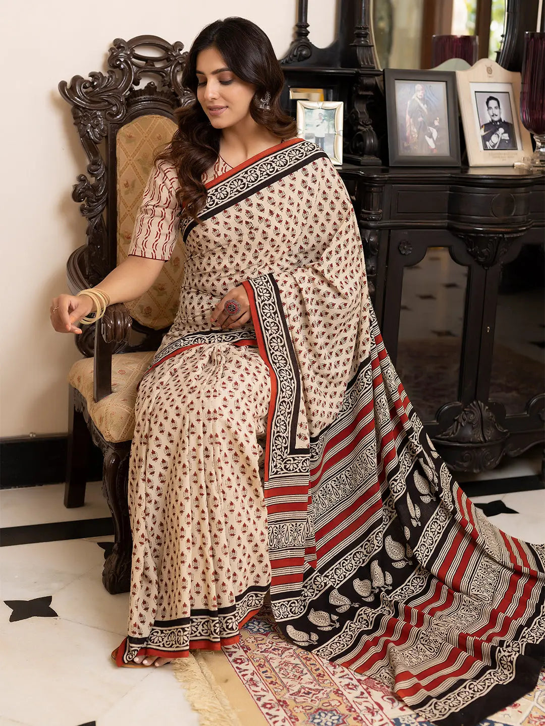 Pebble Hand-Block Cotton Saree Ragavi