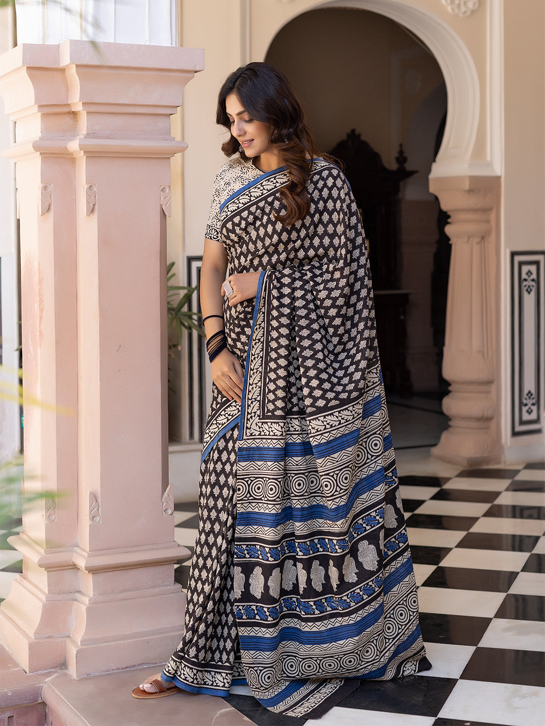 Ink Hand-Block Cotton Saree