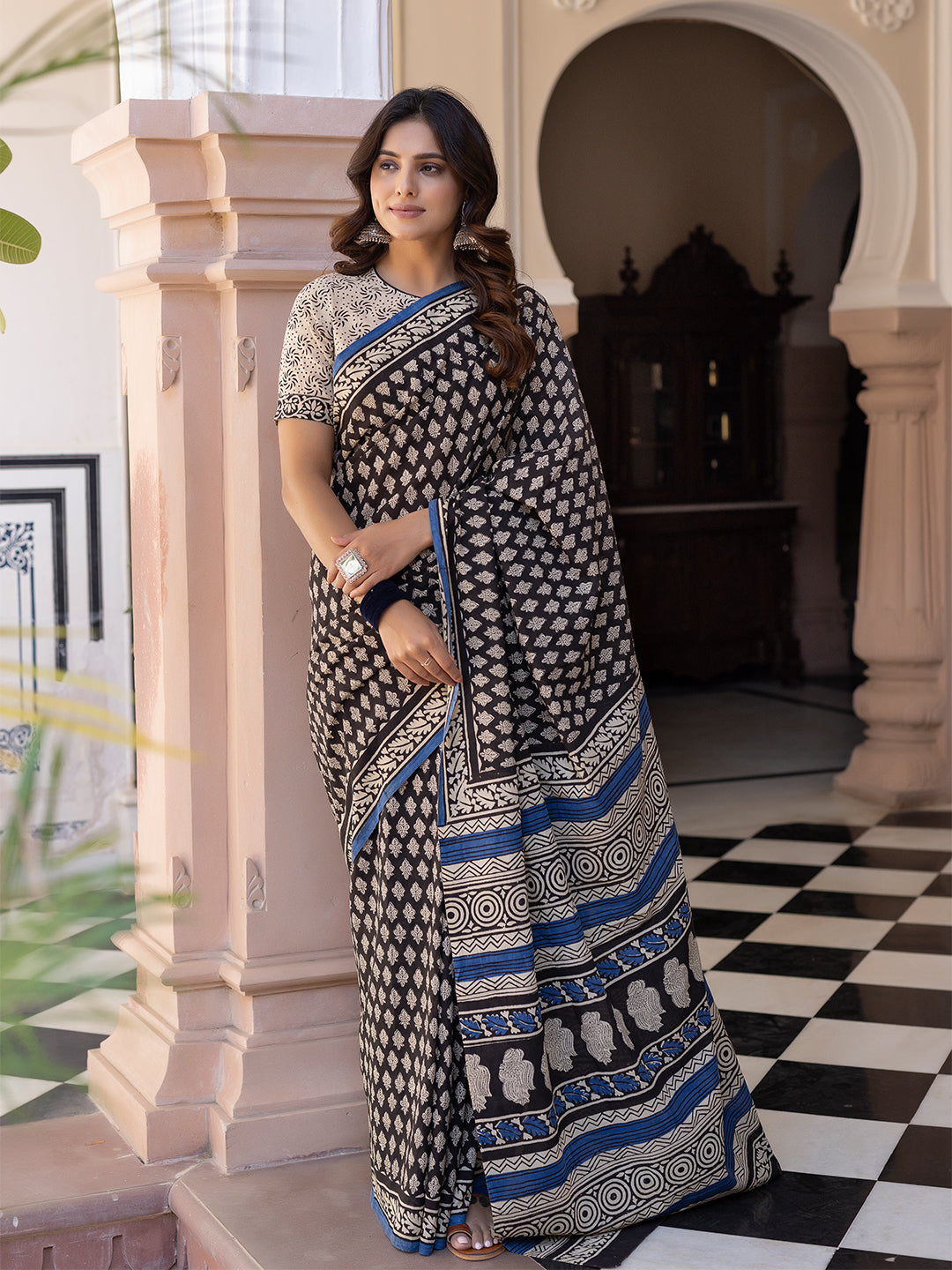 Ink Hand-Block Cotton Saree