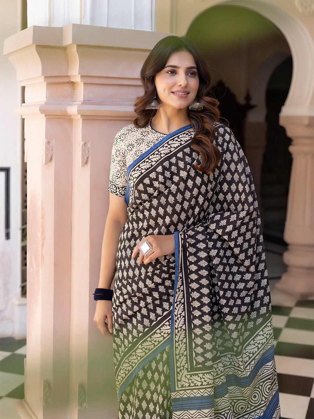 Ink Hand-Block Cotton Saree