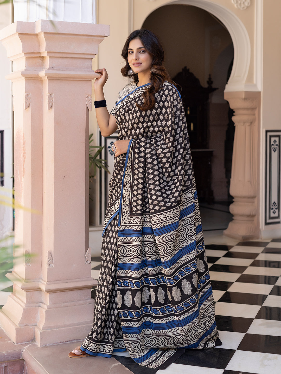 Ink Hand-Block Cotton Saree