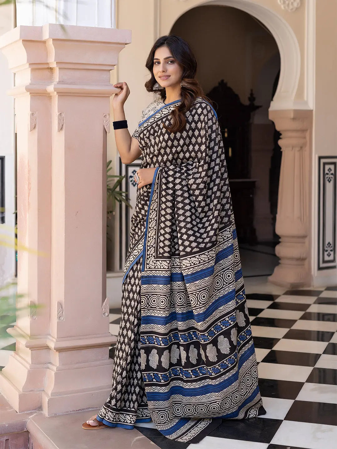 Ink Hand-Block Cotton Saree Ragavi