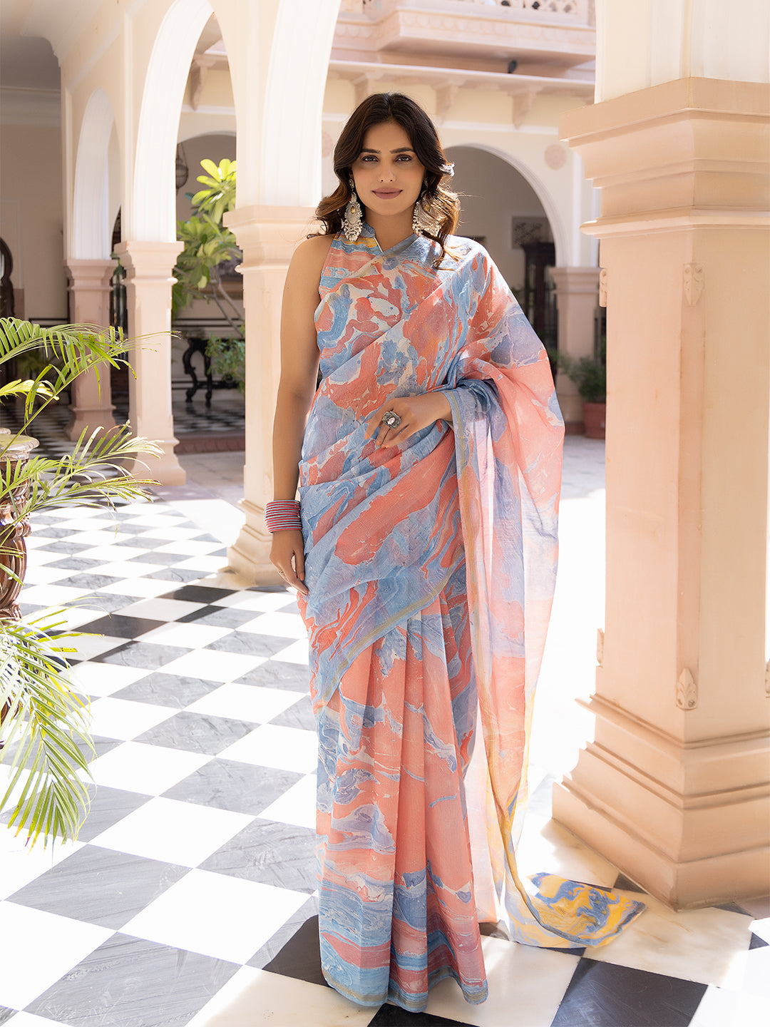 Cardinal Blue Ajrakh Cotton Saree