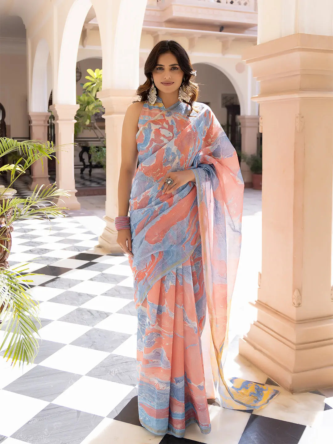 Cardinal Blue Ajrakh Cotton Saree Ragavi