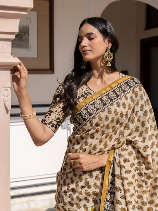 Camel Ajrakh Cotton Saree