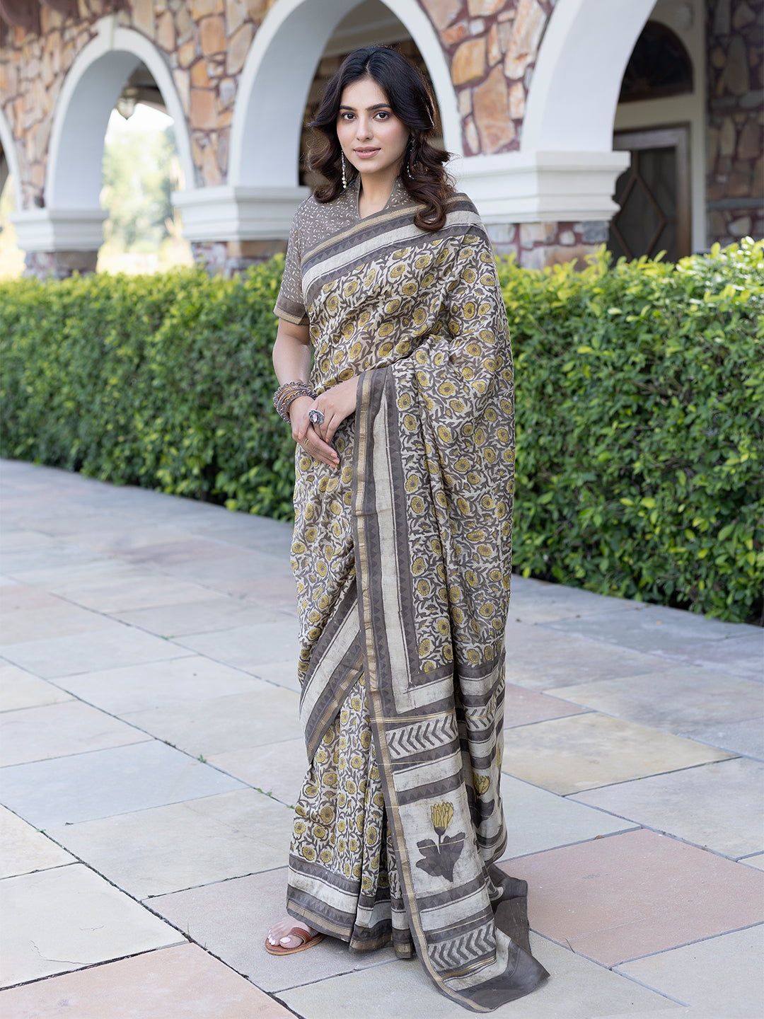 Kashish Ajrakh Sunflower Chanderi Saree