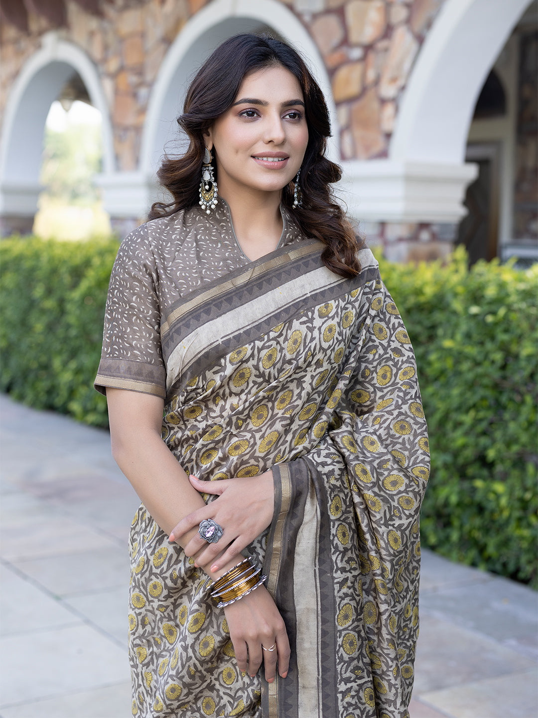 Kashish Ajrakh Sunflower Chanderi Saree