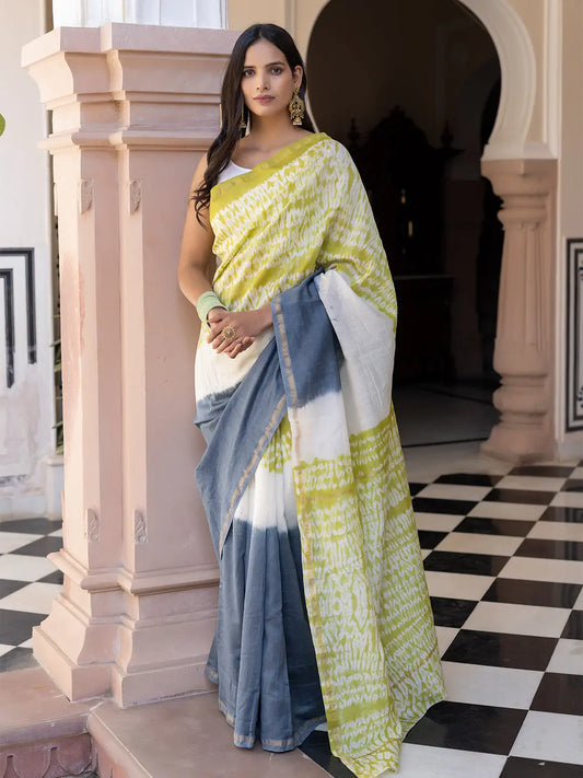 Lemon-Yellow & Smoke Shibori Chanderi Saree Ragavi