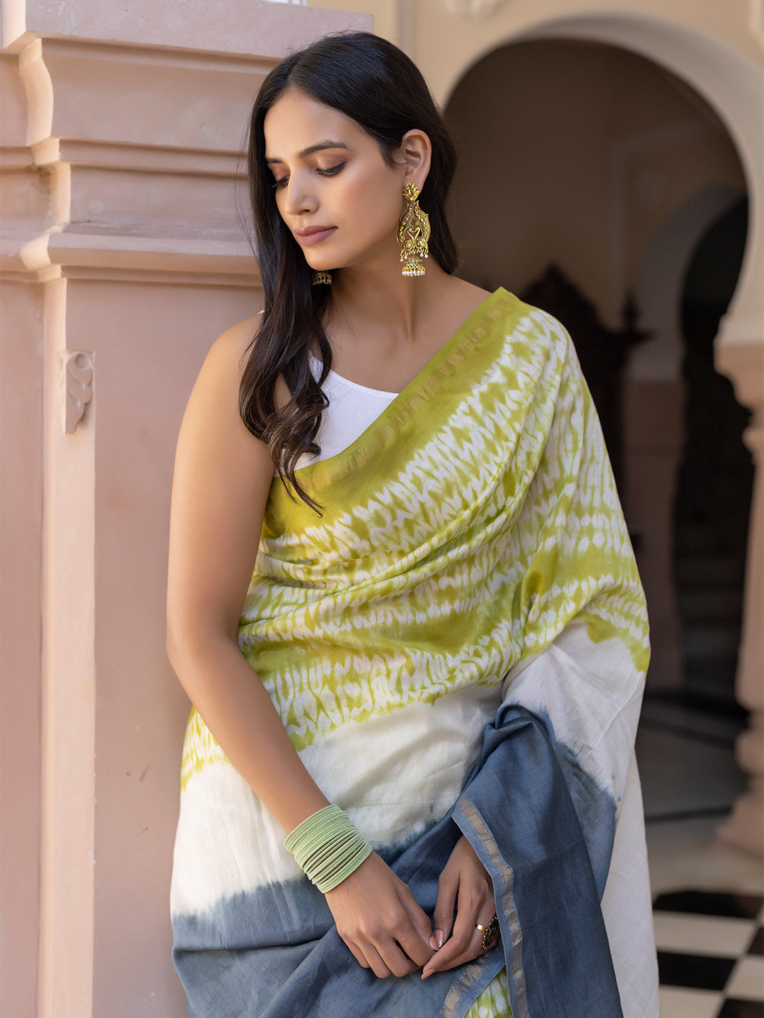 Lemon-Yellow & Smoke Shibori Chanderi Saree