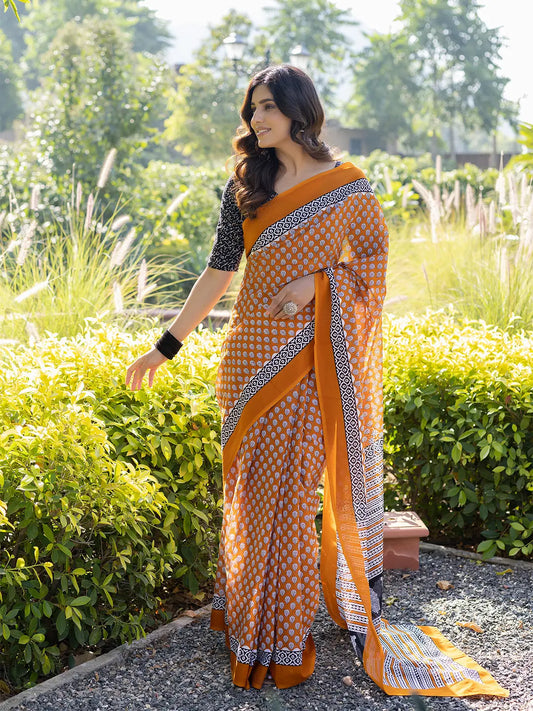 Tiger Orange Cotton Saree Ragavi