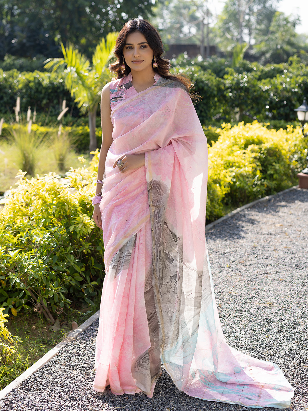 Smoky Salmon Marble Chanderi Saree
