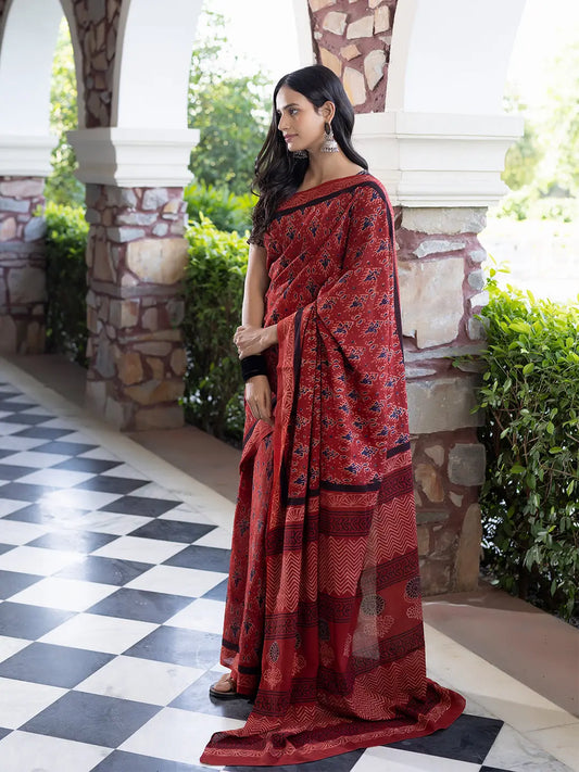 Cardinal Blue Ajrakh Cotton Saree Ragavi
