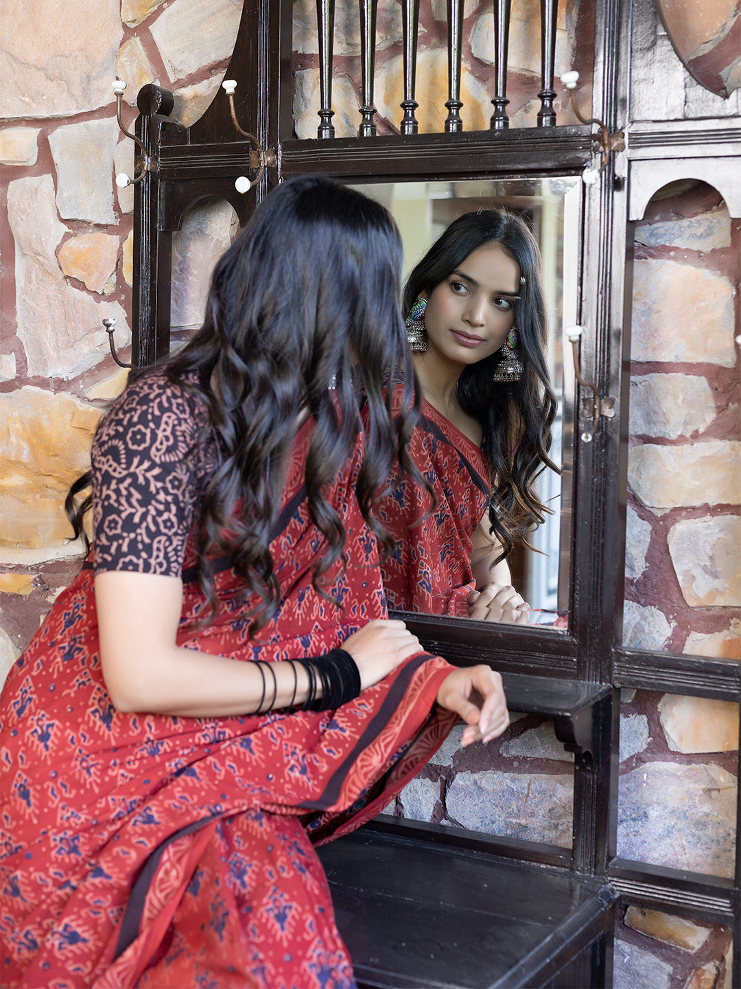 Cardinal Blue Ajrakh Cotton Saree