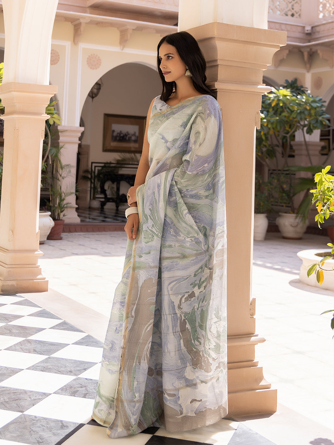 Sky-Blue Marble Chanderi Saree