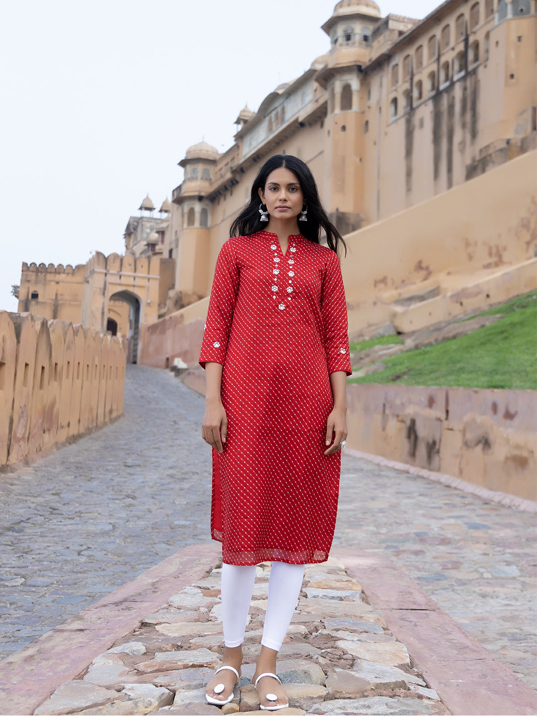 Front view of Zoya Red Leheriya Kurta by Ragavi Jaipur