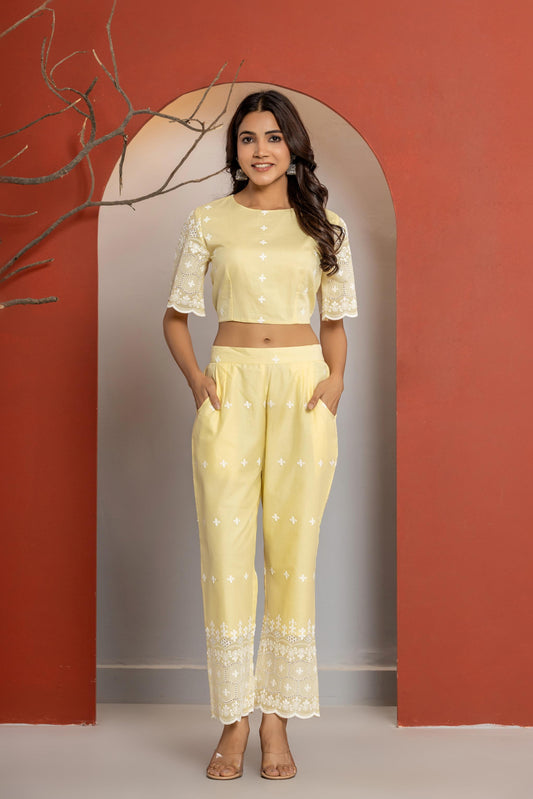 Yellow Cotton Schiffli Co-ord Set