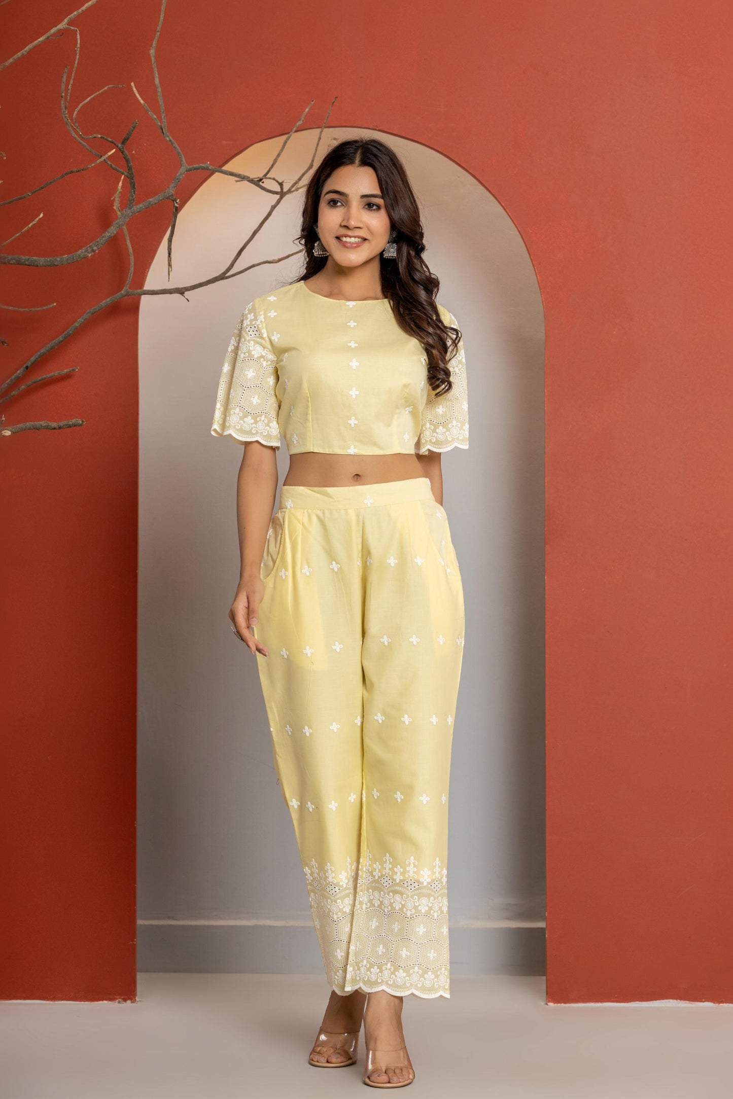 Yellow Cotton Schiffli Co-ord Set